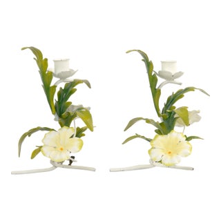 Vintage Italian Tole Metal Candlestick Holders With Hand-Painted Flowers For Sale