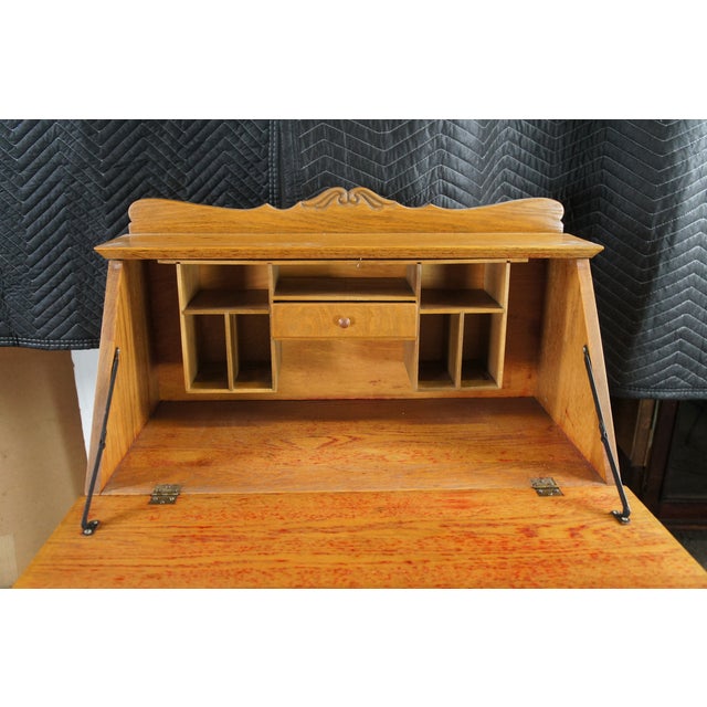 Antique Late Victorian Petite Oak Slant Top Secretary Ladies Writing Desk 28" For Sale - Image 12 of 12