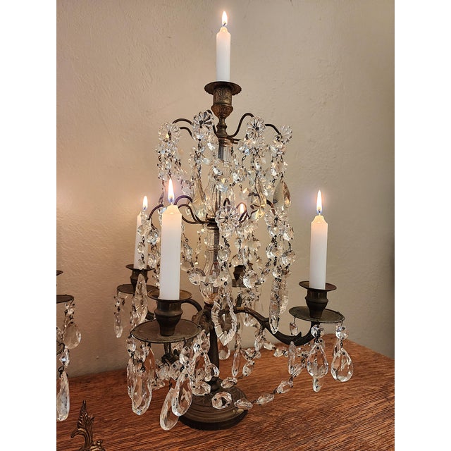 Exquisite Pair of Vintage Crystal Girandole Candelabra 5 Light Mantel Garnitures For Sale - Image 6 of 18