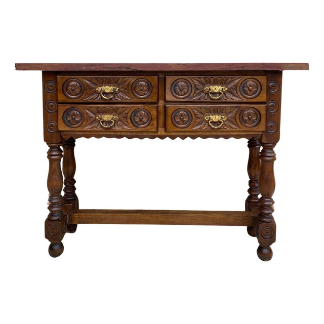 Early 20th Century Spanish Carved Console Table with Four Drawers, 1930s For Sale
