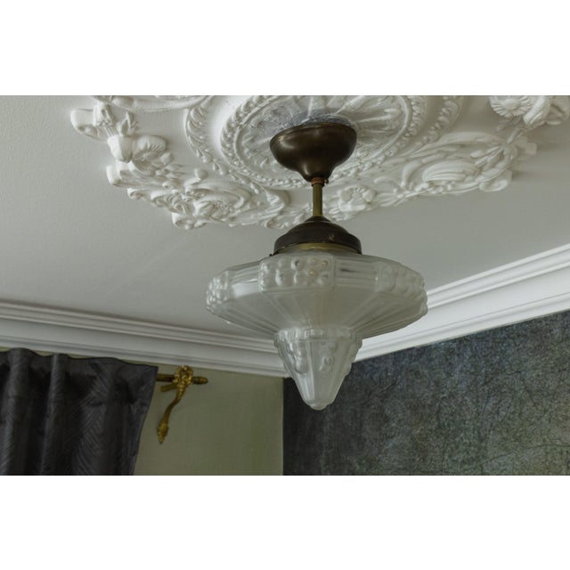 Art Deco French Frosted White Glass and Brass Ceiling Light, 1930s For Sale - Image 9 of 18