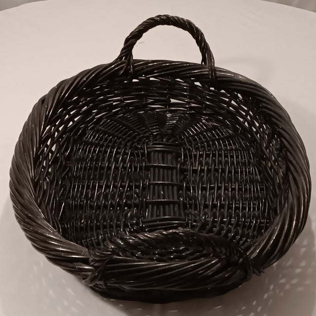 Mid 20th Century Vintage Large French Natural Hand Woven Black Wicker Serving Tray For Sale - Image 10 of 12