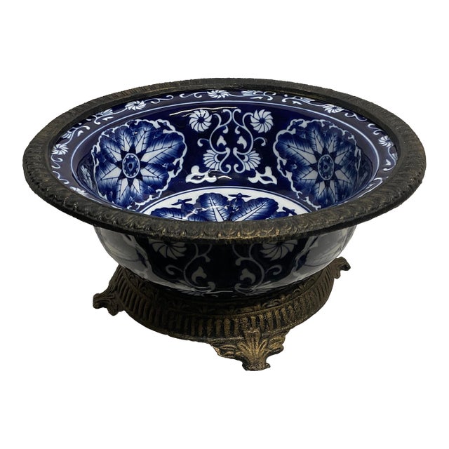 Vintage Large Bombay Porcelain Chinoiserie Blue White Brass Rim Decorative Bowl on Brass Base For Sale