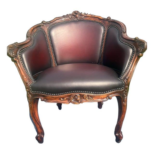 Vintage Theodore Alexander French Rococo Style Carved Leather Tub Armchair For Sale