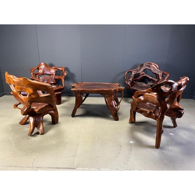 Stunning large solid olive tree root armchairs set with table. Beautifully organically shaped set of chairs which will...