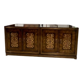 1970s MasterCraft Ebonized Burl and Brass Credenza For Sale
