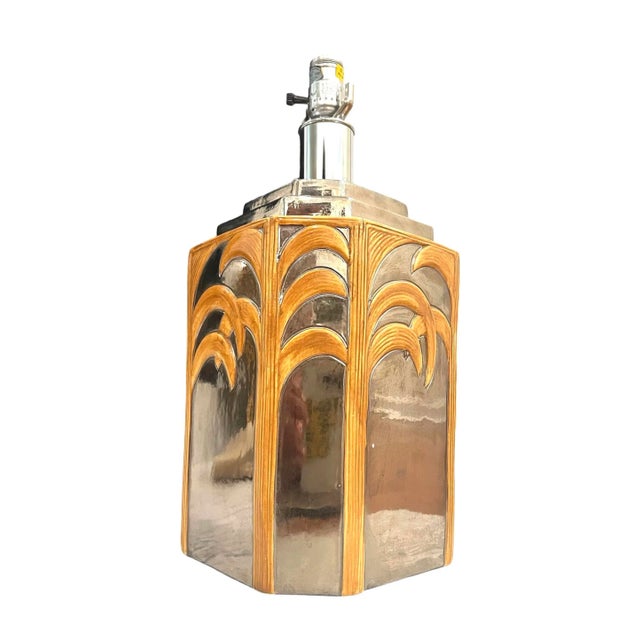 Vintage silvered ceramic monumental table lamp with “rattan” palm tree detailing. Stepped top. Attrib to Vivai Del Sud....