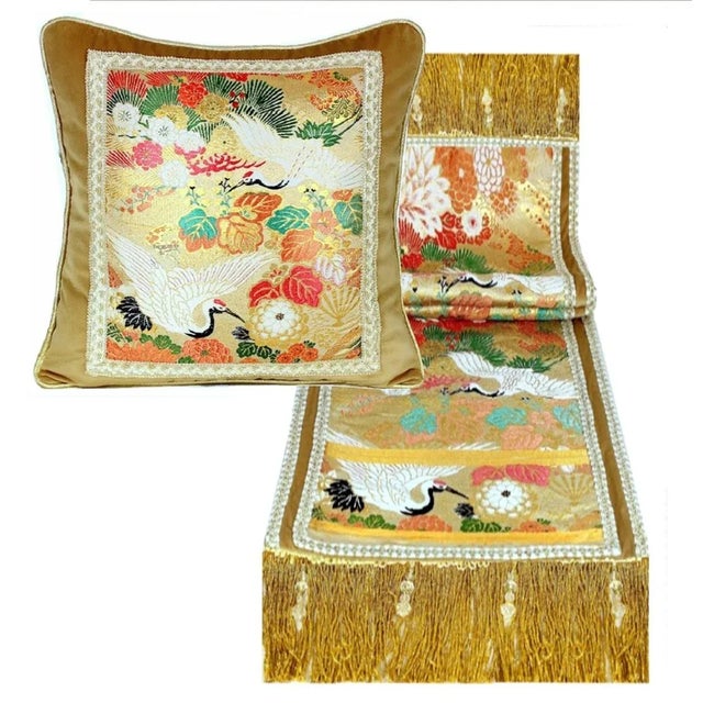 1900 - 1909 Antique Japanese Motifs Hand-Emboidery Table Cloth Runner With Crocheted Lace and Fringe For Sale - Image 5 of 12