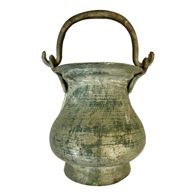 Turkish, Middle Eastern Antique Hand Hammered Tinned Copper Cauldron, Kettle, Cooking Pot With Handle, From the Late 1800s to the Turn of the Century For Sale