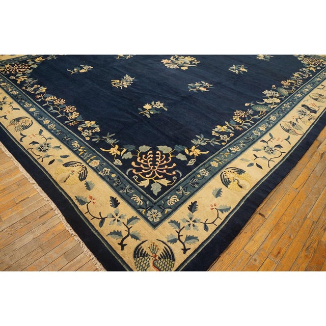 Art Deco 1920s Navy Blue Floral Deco Antique Chinese Peking Knotted Rug 11'9'' X 14'3'' For Sale - Image 3 of 12