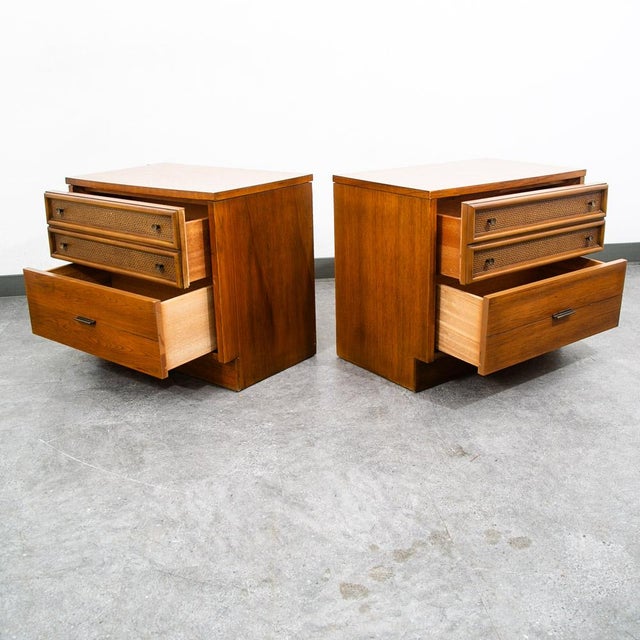 Mid-Century Modern Mid Century Modern Nightstands End Side Tables Cane Wood Oak Founders 2 Drawer, Pair For Sale - Image 3 of 12