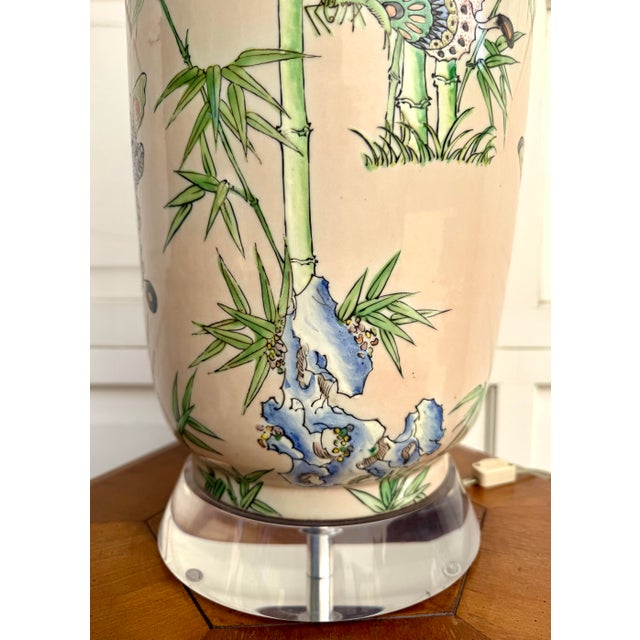 Vintage Hand-Painted Chinoiserie Butterfly Porcelain Table Lamp on Lucite Base For Sale In Los Angeles - Image 6 of 12