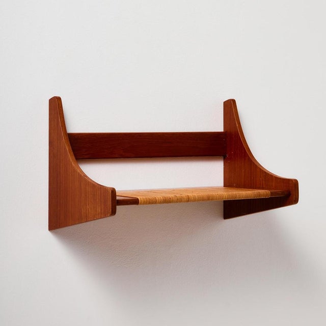Teak Wall Shelf with Cane Details, 1960s For Sale - Image 4 of 18