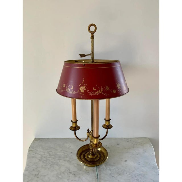 Mid 20th Century French Provincial Louis XVI Brass Three-Arm Bouillotte Lamp With Red Tole Shade For Sale - Image 4 of 11