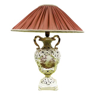Vintage Ceramic Lamp with Fabric Lampshade For Sale
