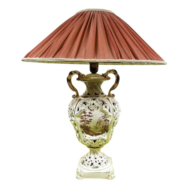 Vintage Ceramic Lamp with Fabric Lampshade For Sale