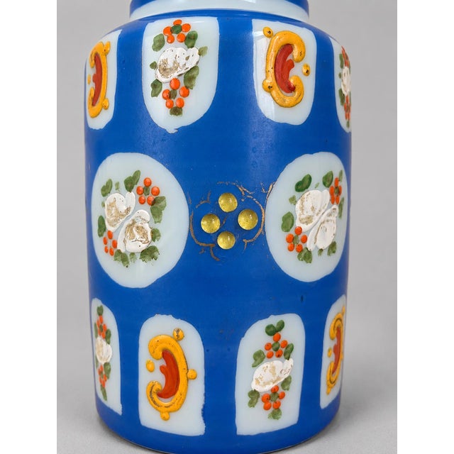 Late 19th-Century Cobalt Blue Opaline Glass Perfume Bottle With Hand-Enameled Florals For Sale - Image 6 of 9