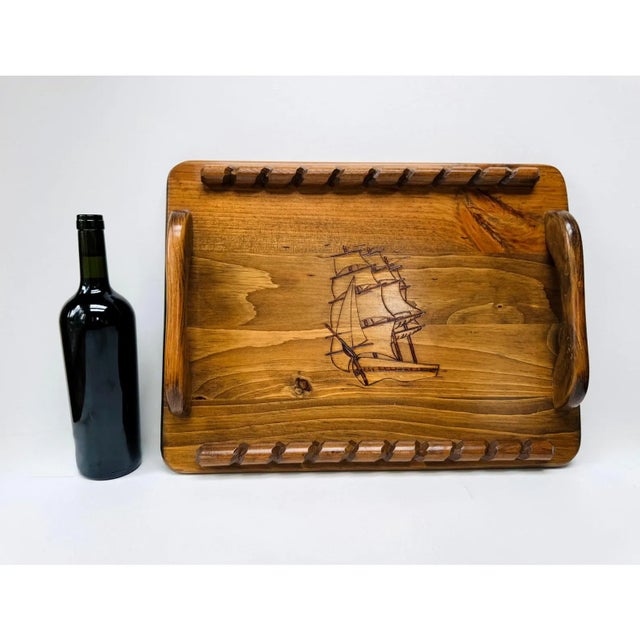 Rustic Vintage Handcrafted Wood Bar Tray With Pyrography Sailing Ship For Sale - Image 3 of 8