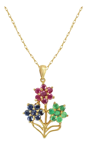 Basket full of Emerald, Sapphire & Ruby Flowers 14k Yellow Gold