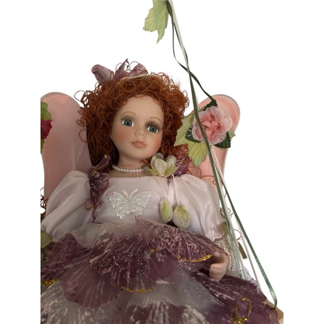 Ceramic Cathay Porcelain Doll on Swing - Red Curly Hair & Green Eyes - 16" For Sale - Image 7 of 7