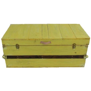 Rustic Sunny Yellow Washed Steamer Trunk For Sale