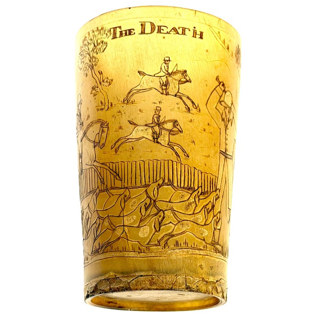 Rare Georgian Hand-Engraved Sporting Cow Horn Beaker "The Death" of the Fox Hunt For Sale - Image 9 of 18