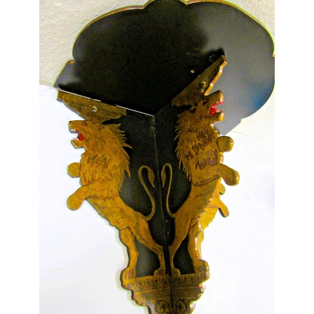 Pair Antique Anglo Sinhalese Black Lacquer Rearing Lions Wall Shelves Brackets 1880 For Sale - Image 11 of 16