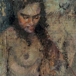 Twice Shy by Lisa Fricker | Oil on Collage on Panel Portrait of a woman with a contemplative expression For Sale