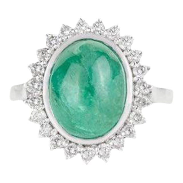 Vintage Inspired Oval Cabochon Emerald Ring With Diamond Halo in Silver - Size 7.5 For Sale