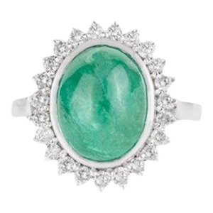 Vintage Inspired Oval Cabochon Emerald Ring With Diamond Halo in Silver - Size 7.5