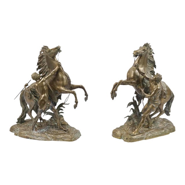 19th Century French Bronze Marly Horse Sculptures After Coustou - A Pair For Sale
