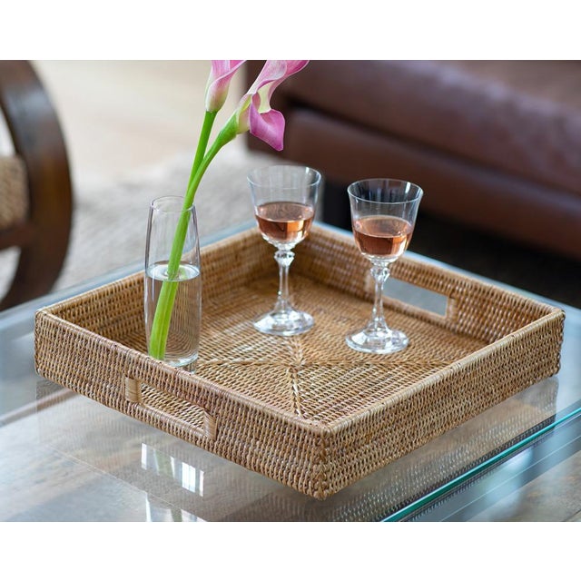 Brown Artifacts Rattan Square Serving Tray with Cutout Handles in Honey Brown - 18" For Sale - Image 8 of 10