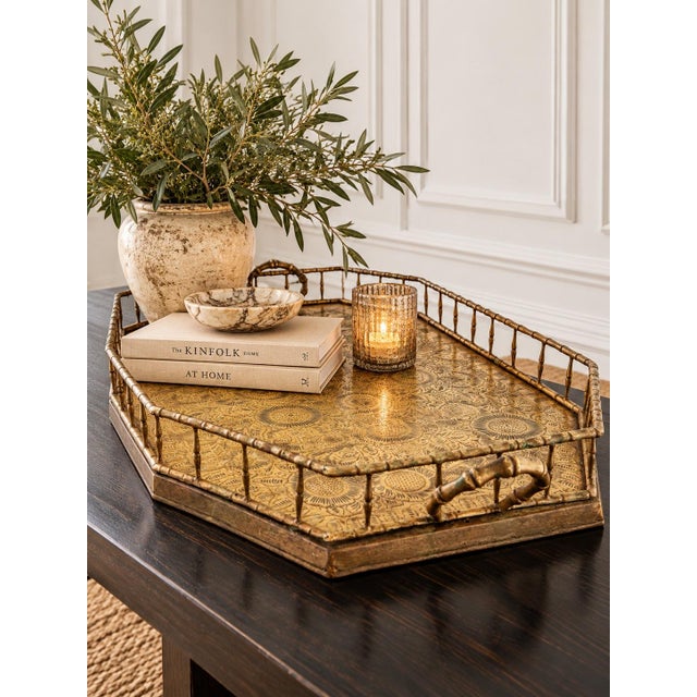 Mid 20th Century Oversized Vintage Hand-Tooled Brass Gallery Tray With Raised Rail & Handles For Sale - Image 5 of 8