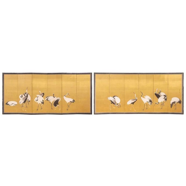 18c Edo Japanese Screens Pair Cranes Gold Leaf on Paper Signed Antique Framed Set of Two Folding Byobu For Sale - Image 12 of 15