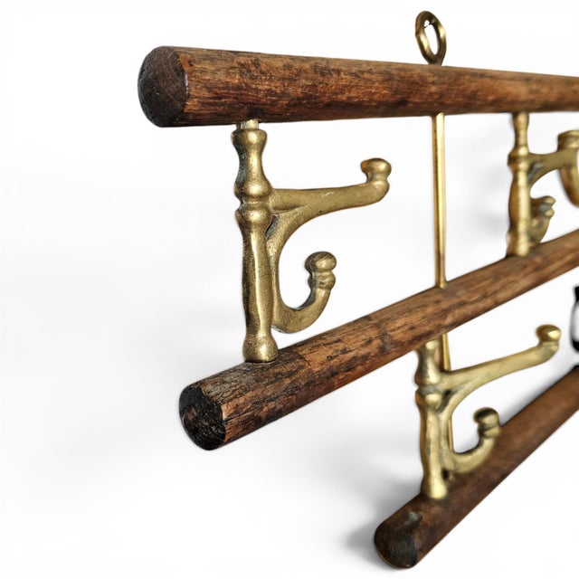 Antique French Brass and Oak Expandable Bistro Coat Rack For Sale - Image 9 of 12