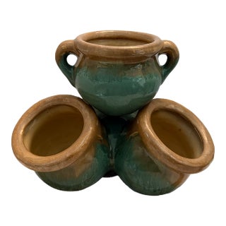 Vintage Drip Glaze Triple Planter, Green & Ochre Ceramic, Mid-Century Organic Modern Accent For Sale