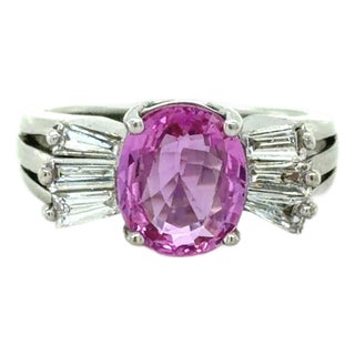 1980s Gia 2.37 Ct. Unheated Pink Sapphire and Diamond Ring, 14k White Gold, Size 6.25 For Sale