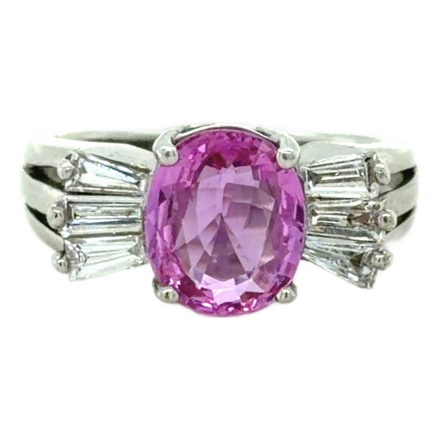 1980s Gia 2.37 Ct. Unheated Pink Sapphire and Diamond Ring, 14k White Gold, Size 6.25 For Sale