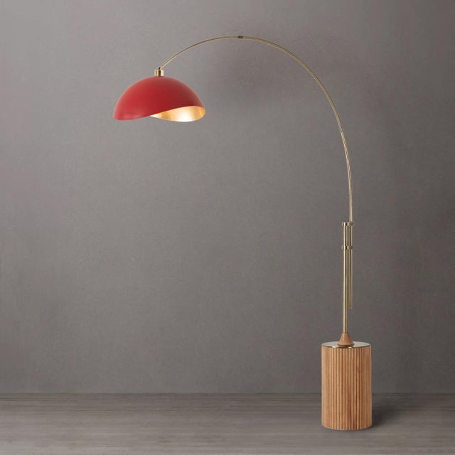 Mid-Century Modern 1980s Nova of California Adjustable Brass Floor Lamp - Tambo Mid Century Modern Arc Lamp, Ash Wood, Red/Gold Shade For Sale - Image 3 of 4