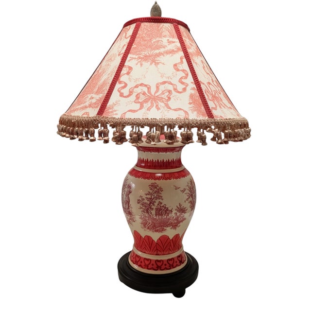 1980s Vintage Red Toile Decorated Table Lamp and Shade For Sale - Image 5 of 16