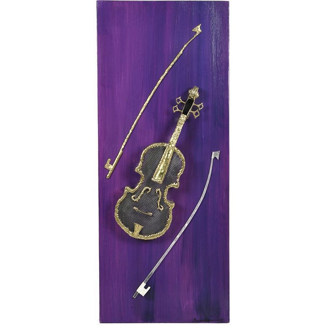 Goldenrod Brass Violin Placed on Golden Plate by Henri Fernandez For Sale - Image 8 of 8