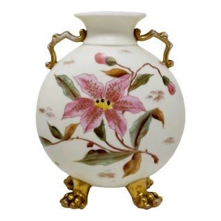 Antique Rudolstadt Porcelain Footed Flask Vase - Hand-Painted Pink Floral & Gilt For Sale