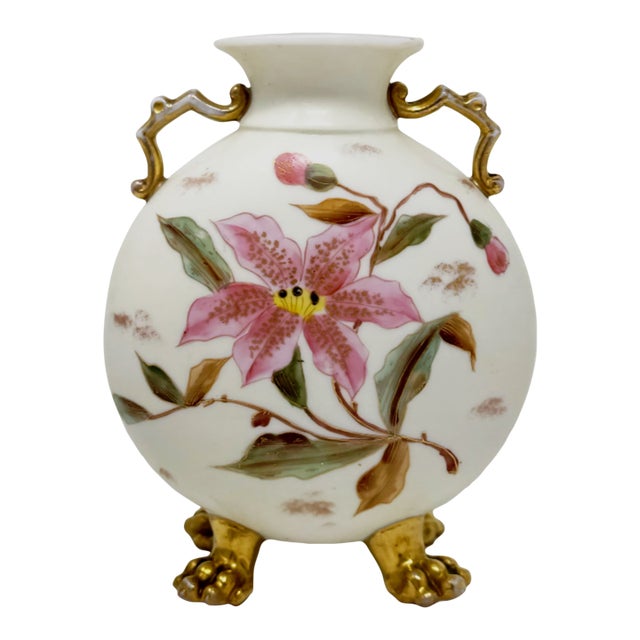 Antique Rudolstadt Porcelain Footed Flask Vase - Hand-Painted Pink Floral & Gilt For Sale