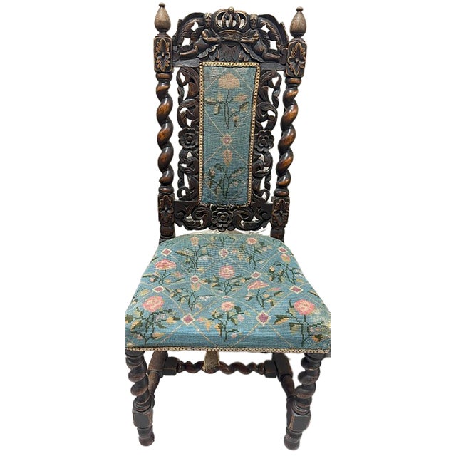 Late 19th Century Set of 8 Hand Carved Walnut Jacobean Blue Chairs with Floral Pattern Cushions For Sale - Image 9 of 12