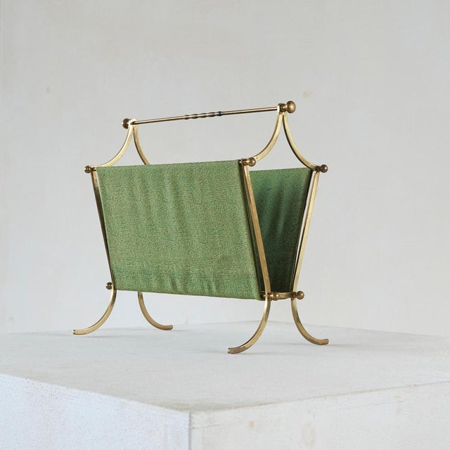 Mid-Century Modern Magazine Rack in Patinated Brass and Green Fabric, 1940s For Sale - Image 6 of 9