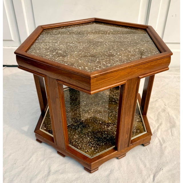 1970s John Keal for Brown Saltman Two-Tier Hexagonal Side Table With Stone Inset For Sale - Image 9 of 11