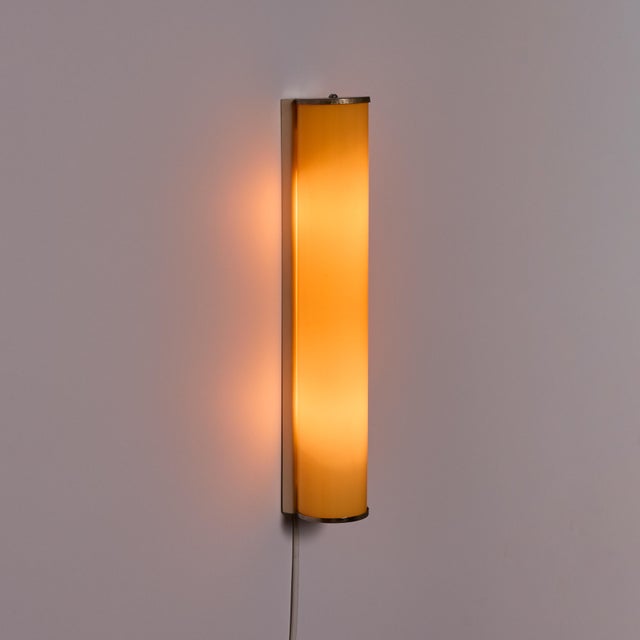 Paavo Tynell 1940s Finnish Yellow Cylindrical Glass & Metal Plug-in Wall Lamp For Sale - Image 4 of 18