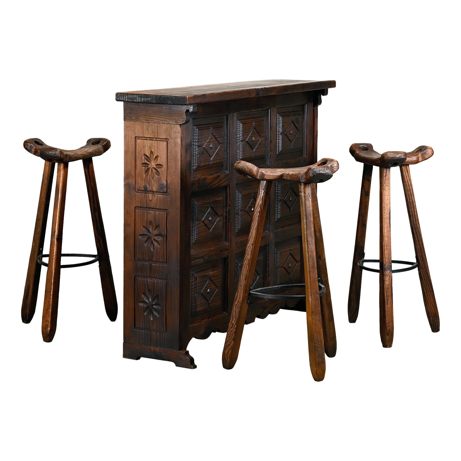 Spanish Rustic Brutalist Dry Bar Counter with Barstools, 1950s, Set of ...