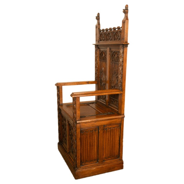 Antique 19thC French Carved Oak Gothic Revival Throne Storage Chair Seat 1880 For Sale - Image 9 of 13
