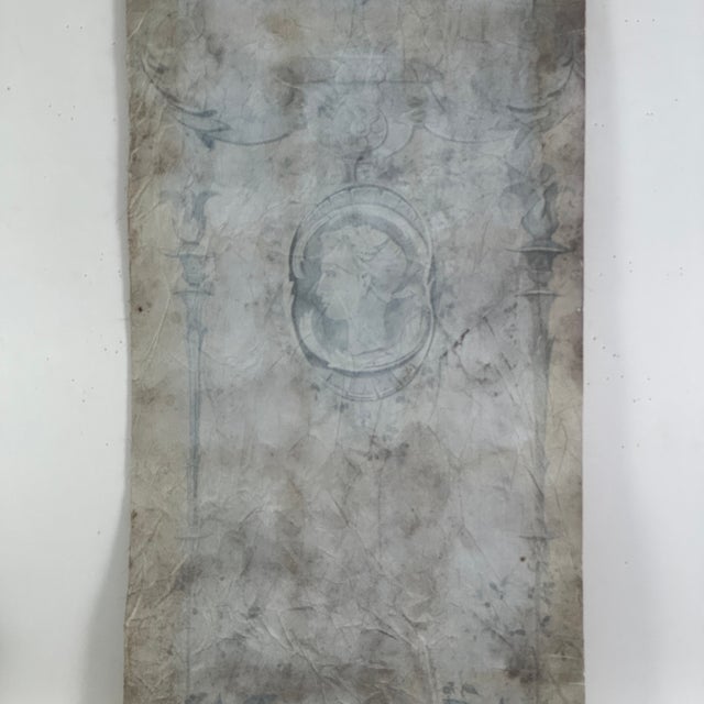 French Large & Unusual Salvaged French Canvas Panel of Hand Painted Cameo & Design in Faint Blue For Sale - Image 3 of 9